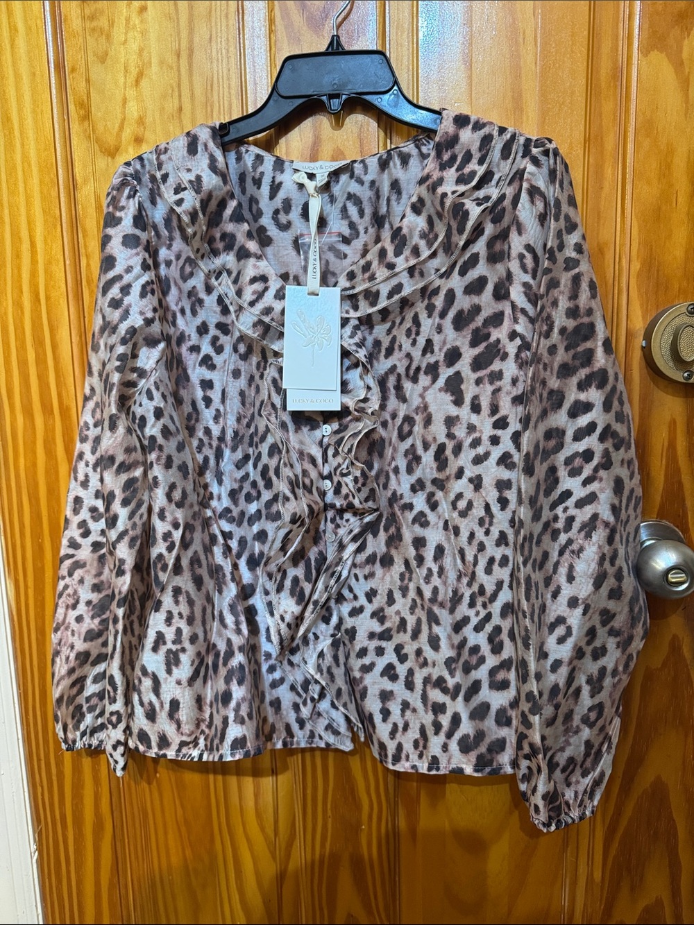 Leopard Print Ruffle Front Blouse - Neutral Brown